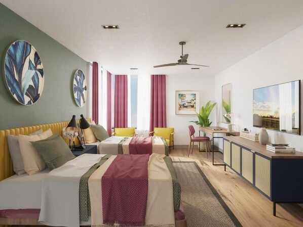 Escritorio, espacio para trabajar con laptop y cortinas blackout 