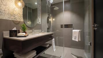 Douche, séchoir à cheveux, serviettes fournies, savon