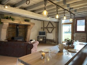 Una televisión, una chimenea