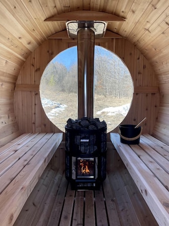 Sauna. Escape to the Stars: Bell Tent Getaway for Couples in Michigan's Idyllic Destination