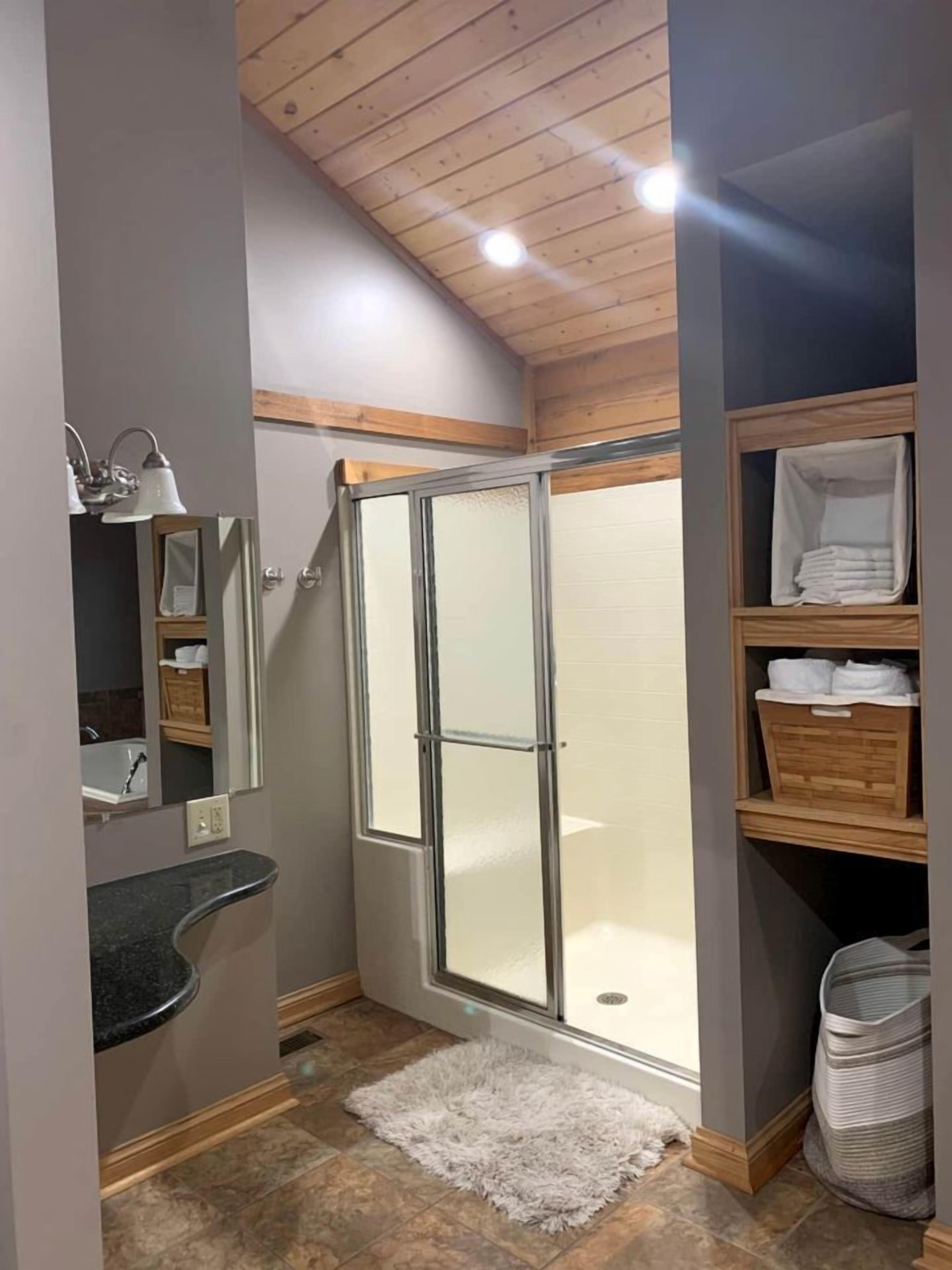 Hair dryer, towels, soap, shampoo