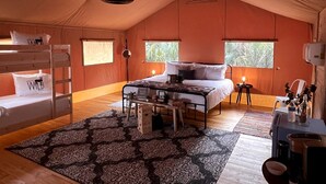 A tented room with a bunk bed, a desk, a chair, and a bed with a view of the outdoors.
