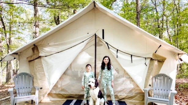 A tent with a simple design, two Adirondack chairs, and a dog.