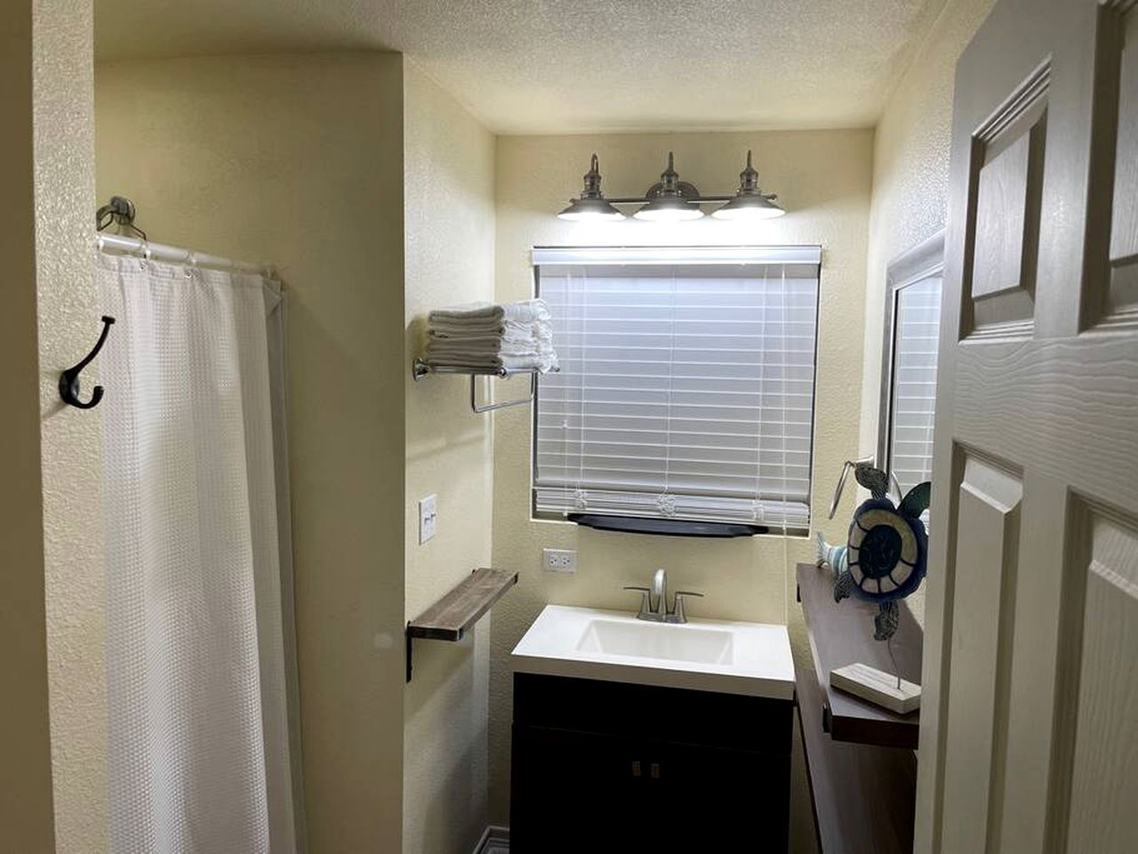Hair dryer, towels, soap, shampoo