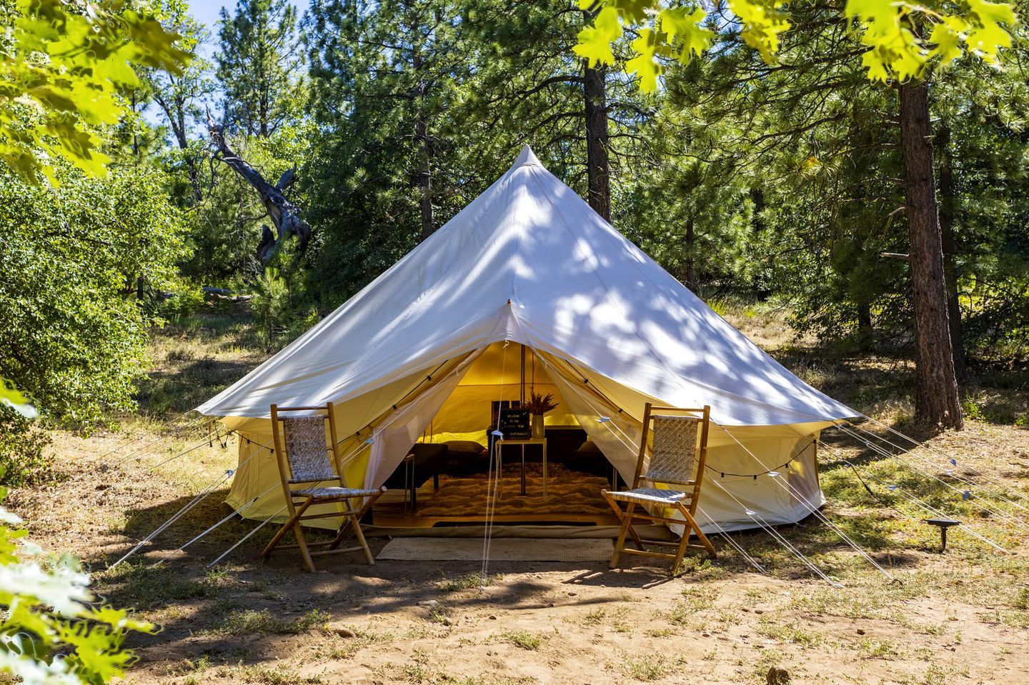 Une tente avec un toit triangulaire, deux chaises et une table, le tout installé dans une forêt.