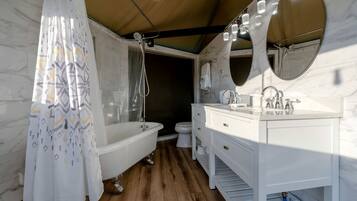 Hair dryer, towels, soap, shampoo