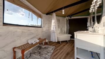 Hair dryer, towels, soap, shampoo
