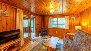A wooden cabin interior with a television, sofa, fireplace, and large windows. - Charming Pet-Friendly Cabin in Ely, Ideal for Getaways to Nature in Minnesota (Ely)