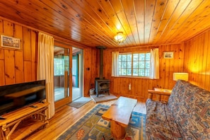 A wooden cabin interior with a television, sofa, fireplace, and large windows. - Charming Pet-Friendly Cabin in Ely, Ideal for Getaways to Nature in Minnesota (Ely)