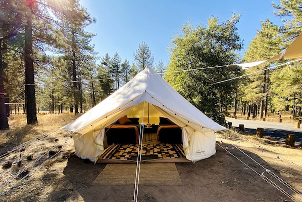 A tent with a checkered floor, a bed, and a table with a lamp.