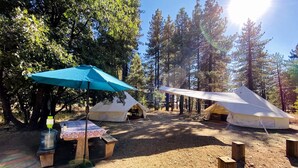 A campsite with tents, a picnic table, and a water dispenser.