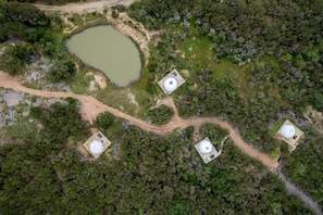 Aerial view - Luxury Glamping Retreat in Texas, Dome Rental for Perfect Nature Escapes (Burnet)