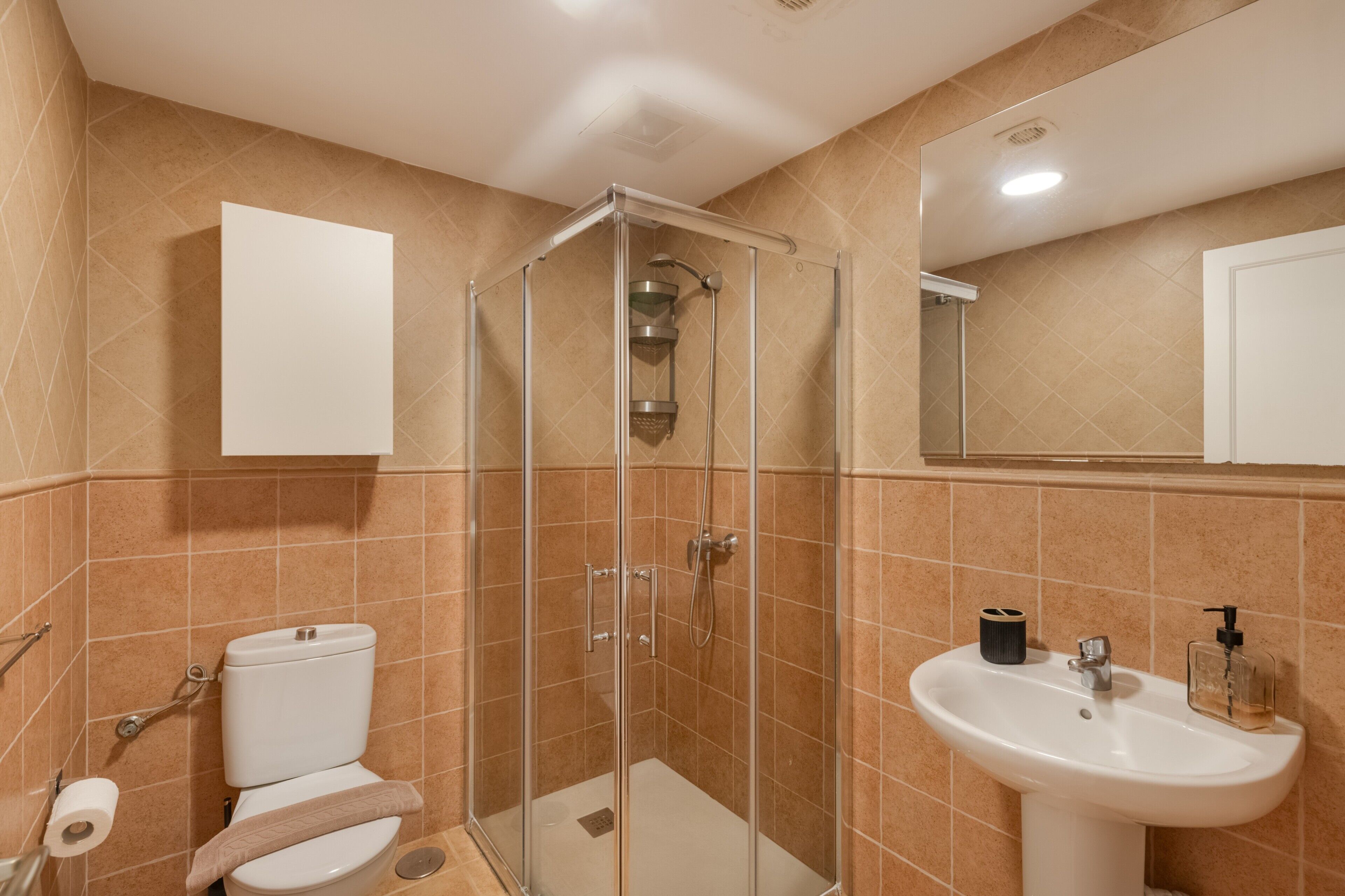 Une salle de bain avec une douche à parois de verre, des toilettes, un lavabo avec distributeur de savon et un miroir.