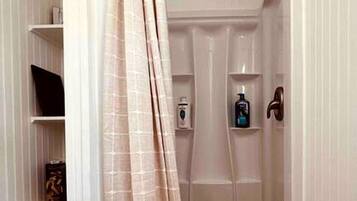 Hair dryer, towels, soap, shampoo