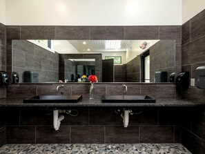 Une salle de bain moderne avec deux lavabos, des carreaux foncés, un grand miroir et un vase décoratif.