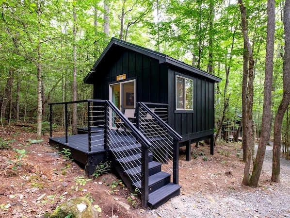 A cabin with a staircase and a door, surrounded by trees.