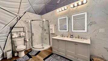 Hair dryer, towels, soap, shampoo