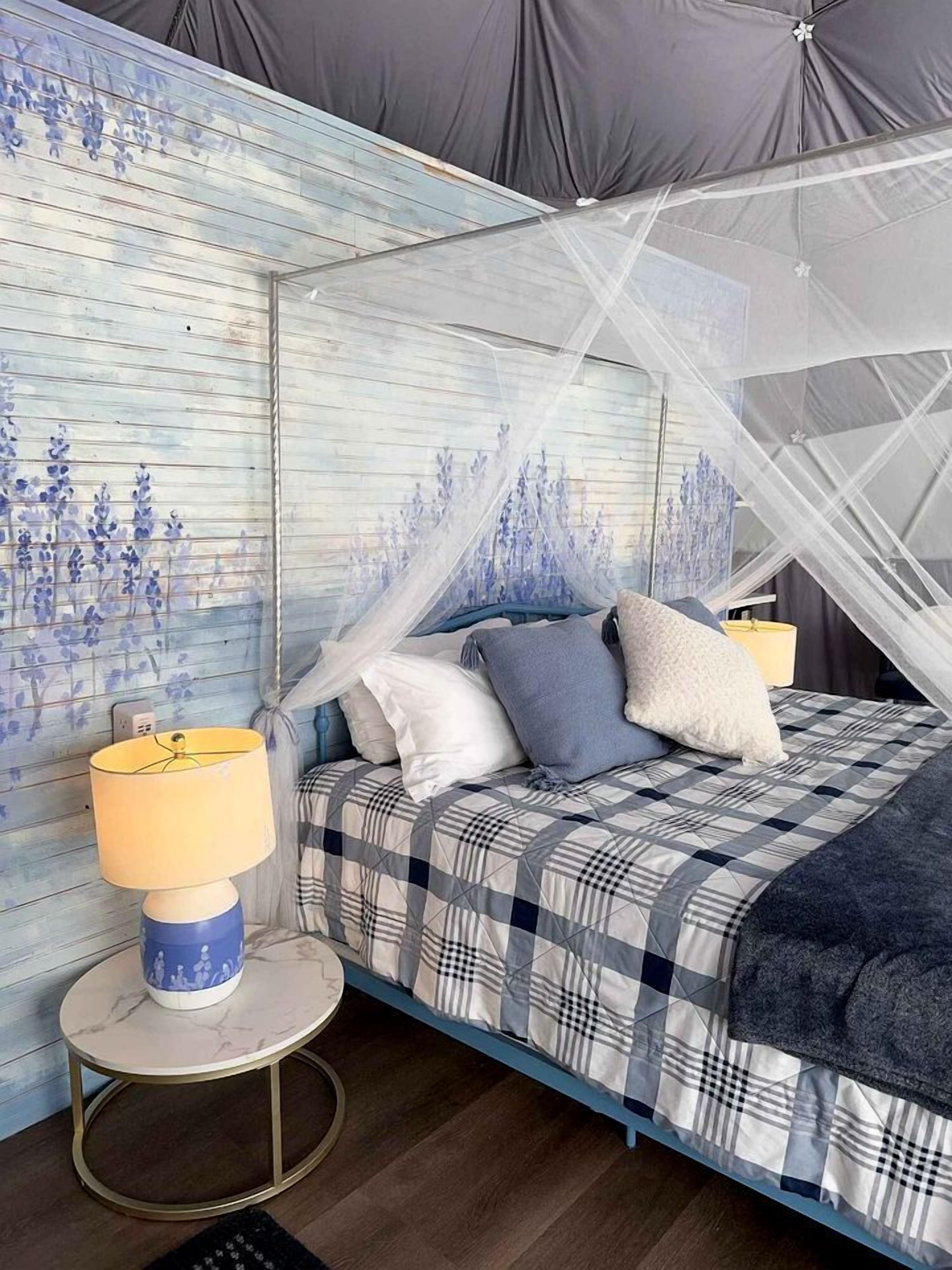 A bedroom with a bed, a bedside table, a lamp, and a canopy bed.
