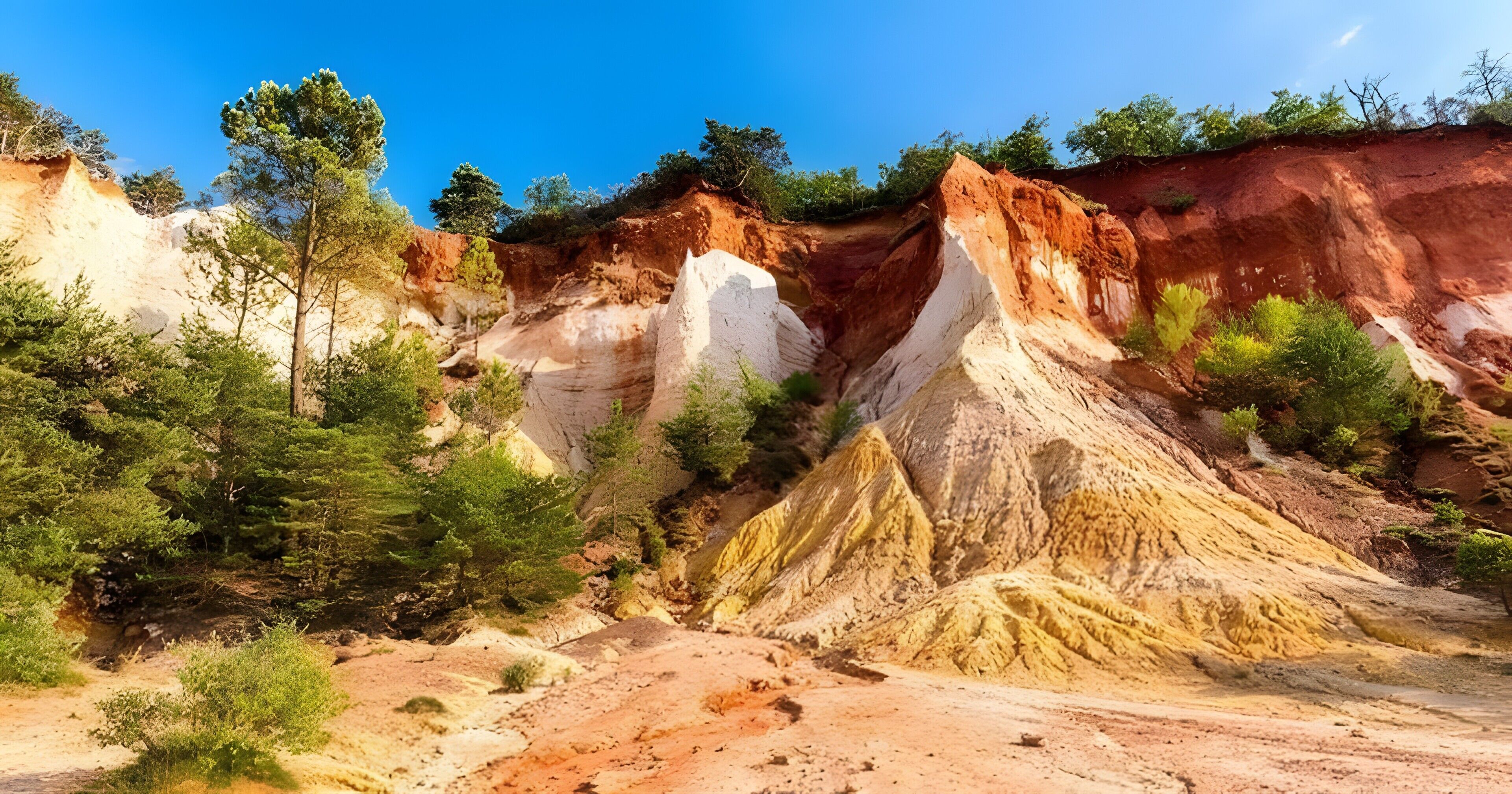 A natural landscape with a prominent rock formation, trees, and a clear sky.