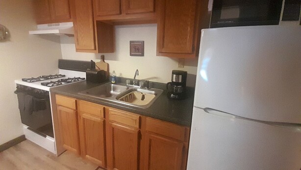 A kitchen with wooden cabinets, a stove, a sink, a refrigerator, and a microwave. - Cozy Cabin Getaway in the Adirondack Mountains in Blue Mountain Lake, New York (Indian Lake)