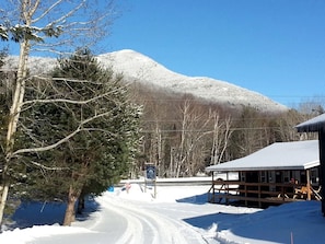A snow-covered landscape with a mountain, a wooden building with a covered porch, and a stop sign.