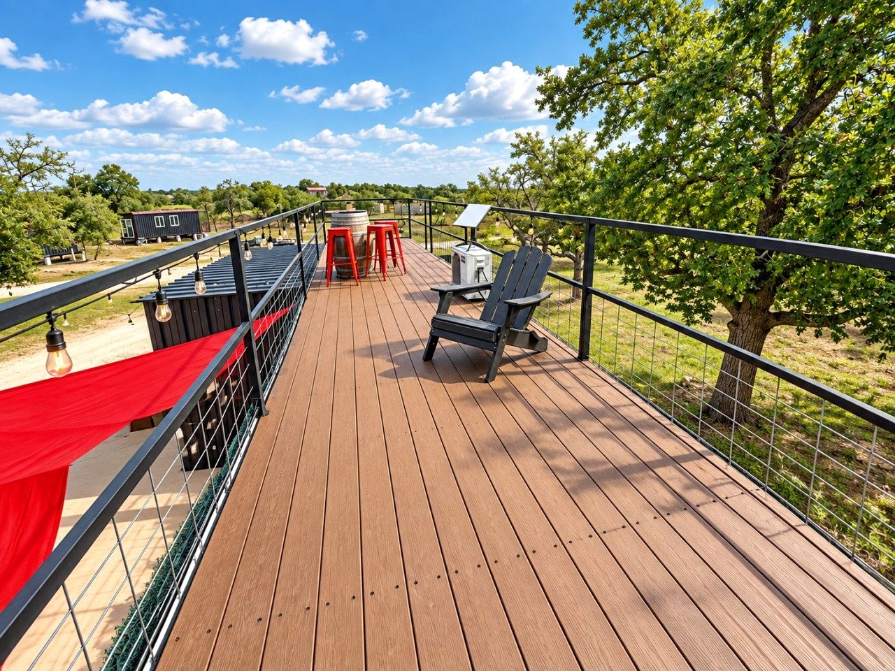 Eine Holzterrasse mit Metallgeländer, einem Tisch und roten Hocker sowie einem Stuhl.