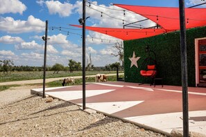 Een terras met een groene wand, een stersieradentje en een rode luifel.