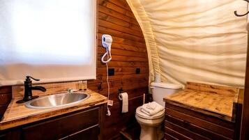 Hair dryer, towels, soap, shampoo