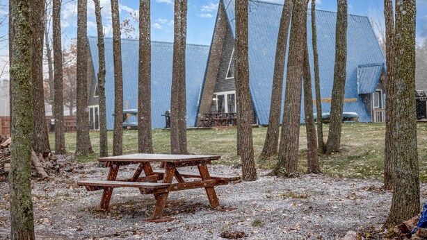 Outdoor dining - Lofted A-Frame Cabin with Direct Lake Access and Equipped Deck in Michigan (Au Gres)