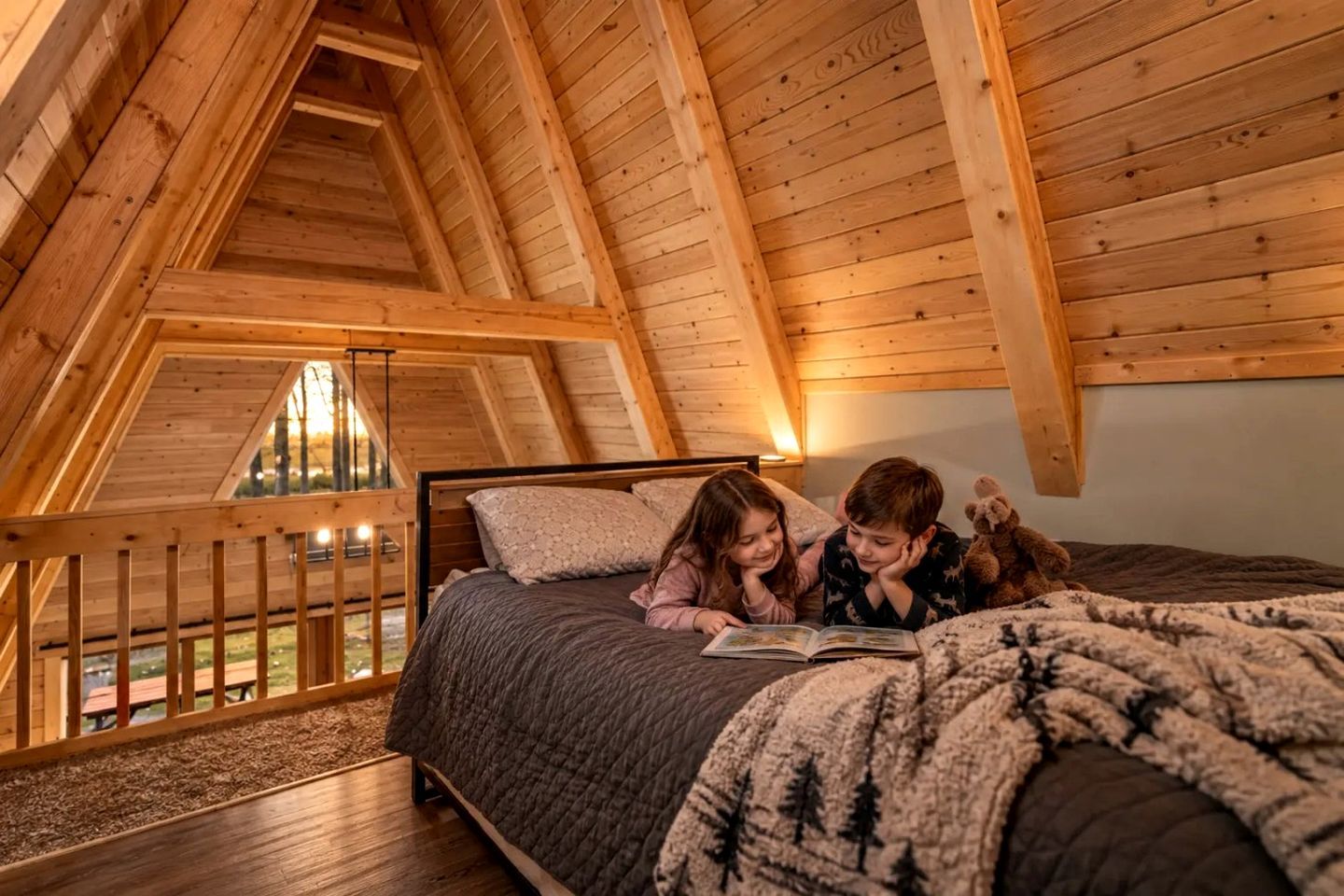 A high-ceilinged wooden room with a bed, a window, and a view of the outdoors.