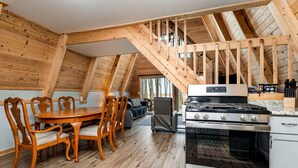 Coffee/tea maker, fridge, microwave, oven - Lofted A-Frame Cabin with Direct Lake Access and Equipped Deck in Michigan (Au Gres)