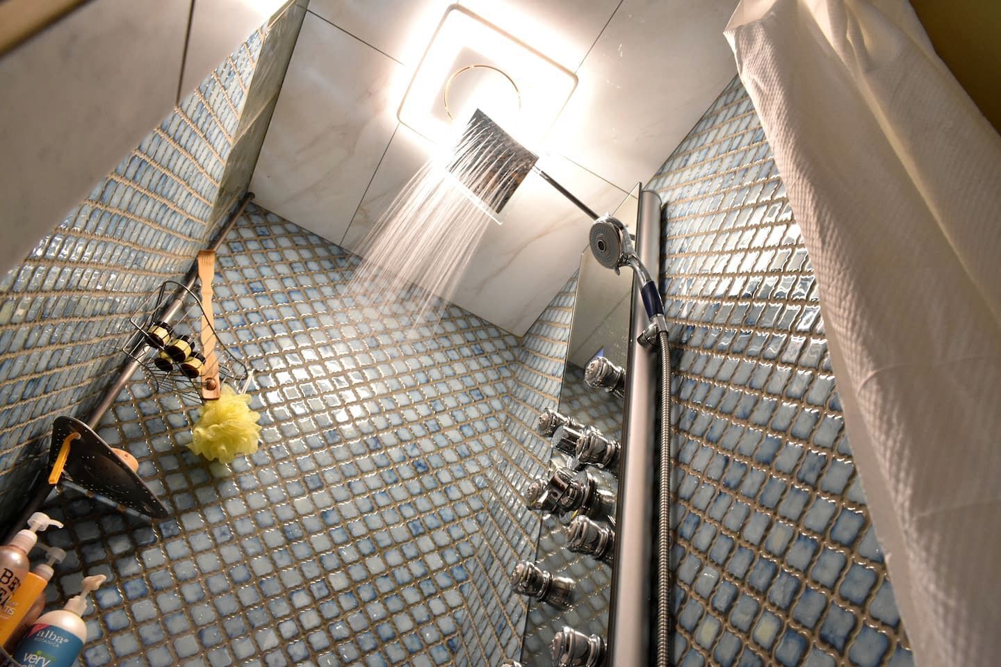 Hair dryer, towels, soap, shampoo