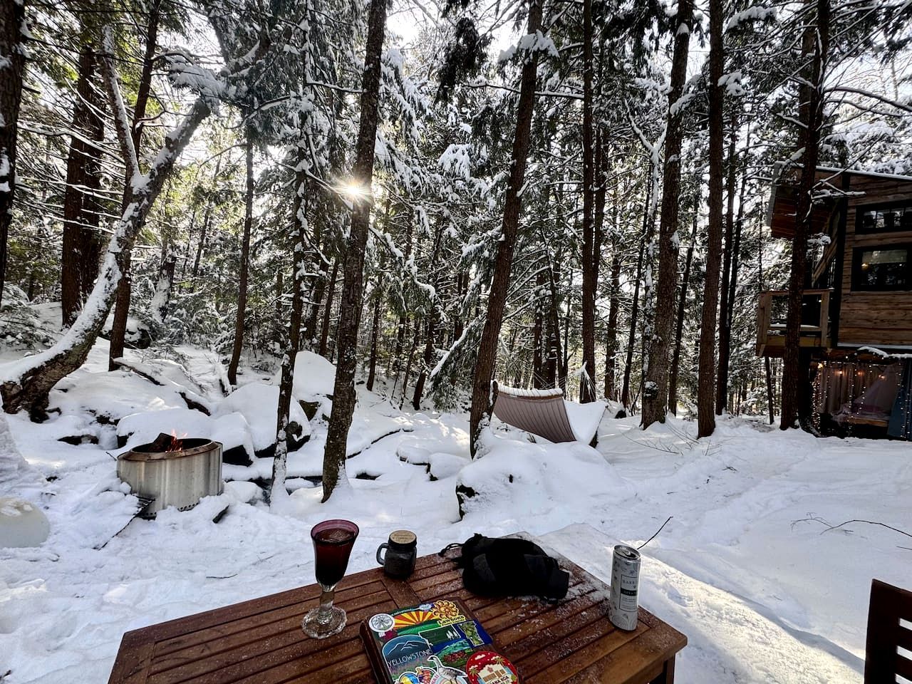 Une table en bois, un foyer, un hamac et un bâtiment situés dans une forêt enneigée.
