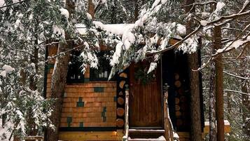 Eine Holzhütte mit einer Treppe, die zu einer Tür führt, umgeben von schneebedeckten Bäumen.