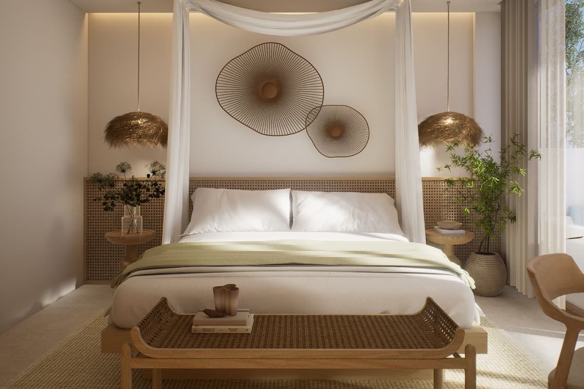 A modern bedroom with a canopy bed, decorative wall art, and ambient lighting.