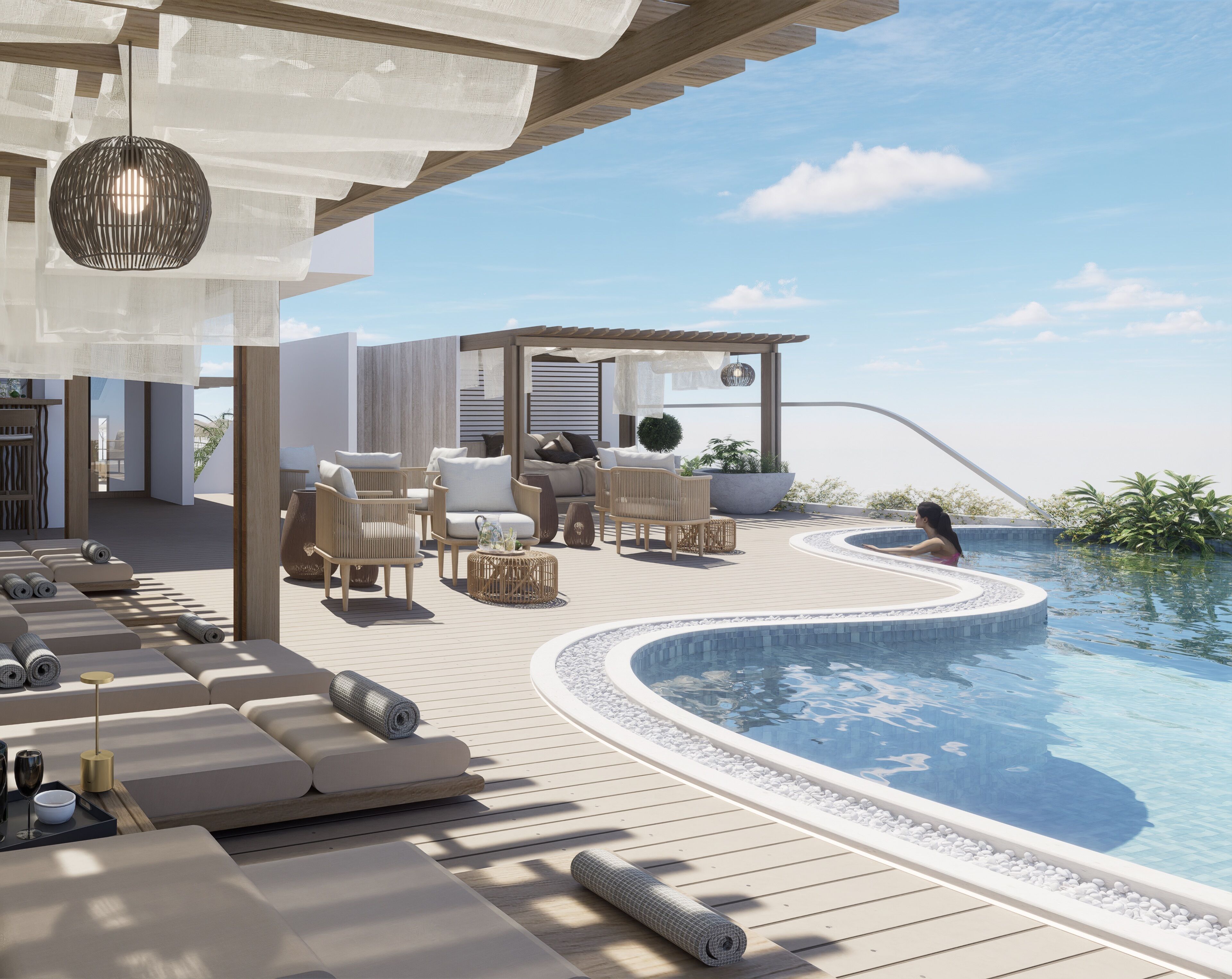 Outdoor pool, pool umbrellas, sun loungers