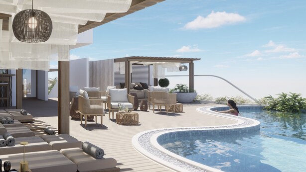 Un área de piscina moderna al aire libre con sillones de descanso, un espacio de estar y un jacuzzi.