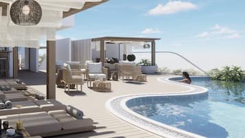 Piscina all'aperto, ombrelloni da piscina, lettini