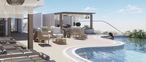 Outdoor pool, pool umbrellas, sun loungers