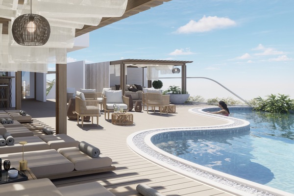 Outdoor pool, pool umbrellas, sun loungers