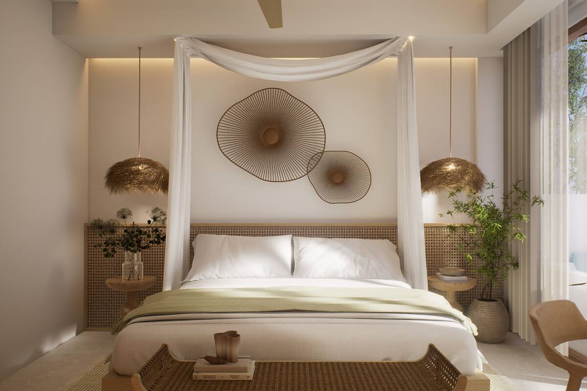 A modern bedroom with a canopy bed, decorative wall art, and ambient lighting.