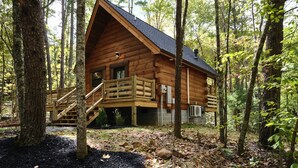 Una baita di legno con una scala che conduce a un patio, immersa tra gli alberi.