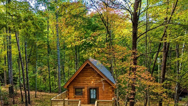 A wooden cabin with a porch, surrounded by trees. - Stunning Cabin Nestled Amidst Trees with Hot-tub in Sevierville, Tennessee (Sevierville)