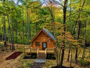Eine Holzhütte mit Veranda, umgeben von Bäumen.