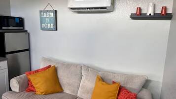 Una sala de estar con un sofá, almohadas, un aire acondicionado de pared, un microondas y un refrigerador.