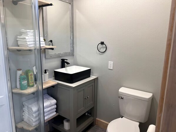 Un baño con cabina de ducha de vidrio, un lavamanos blanco con grifo negro, un inodoro y un perchero para toallas.