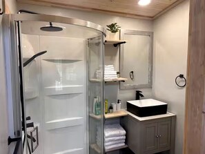 A bathroom with a glass shower enclosure, a sink, and a mirror.