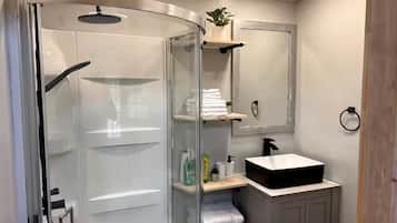 Hair dryer, towels, soap, shampoo
