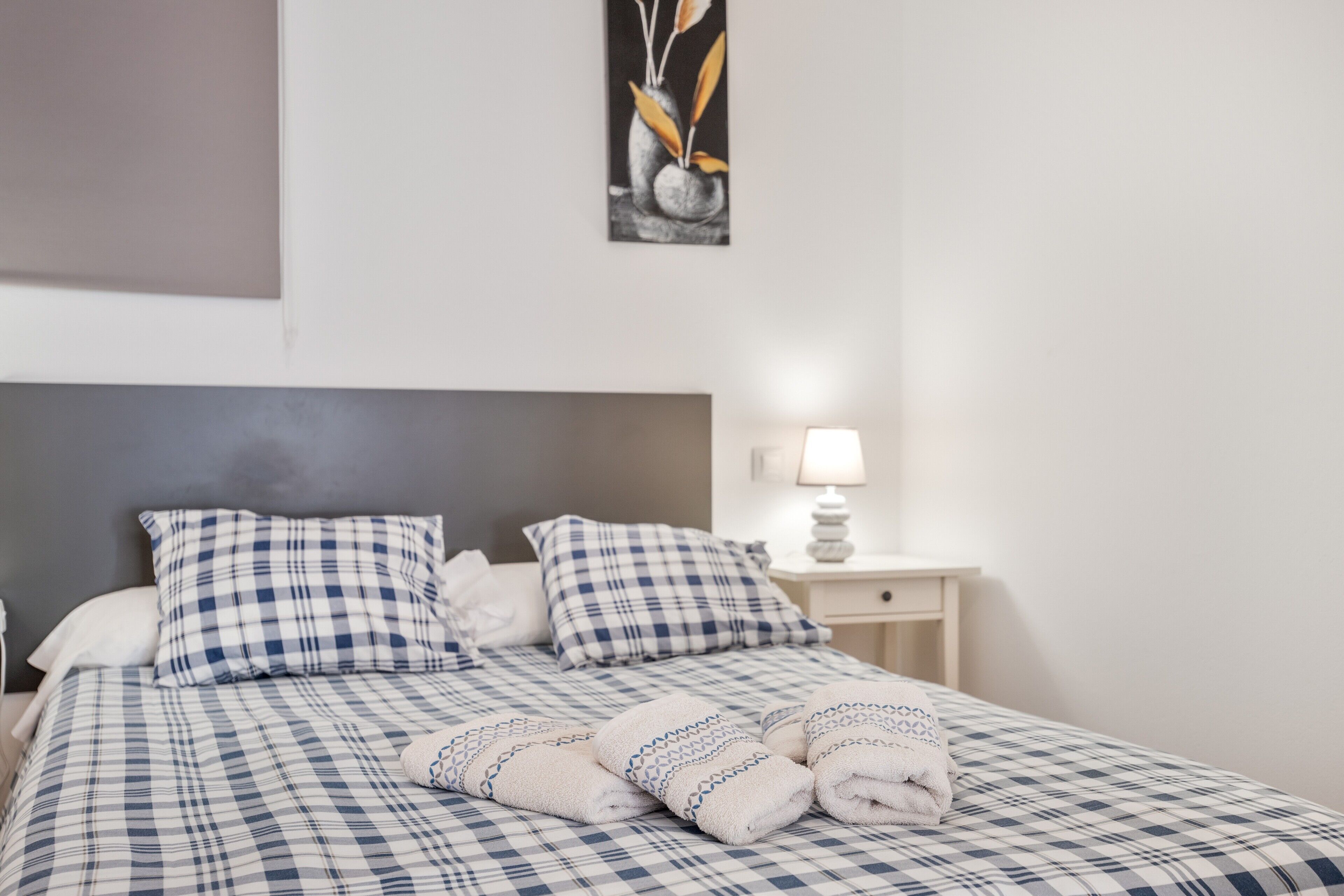 A neatly made bed with checkered bedding, a bedside table with a lamp, and a wall-mounted artwork.