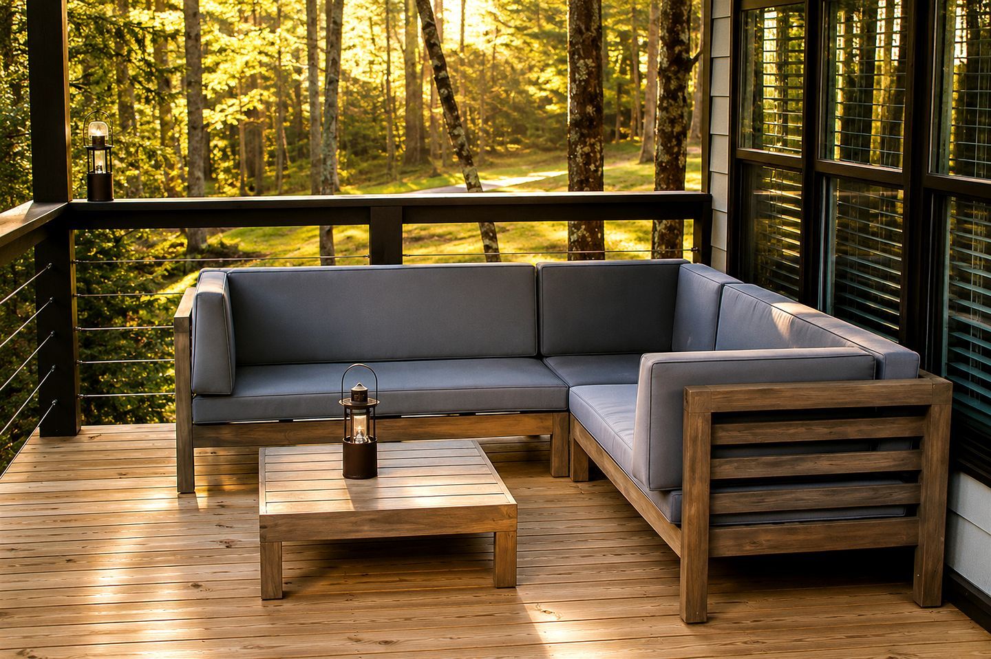 Una terraza de madera con un sofá gris y una pequeña mesa, con vistas a una zona boscosa.